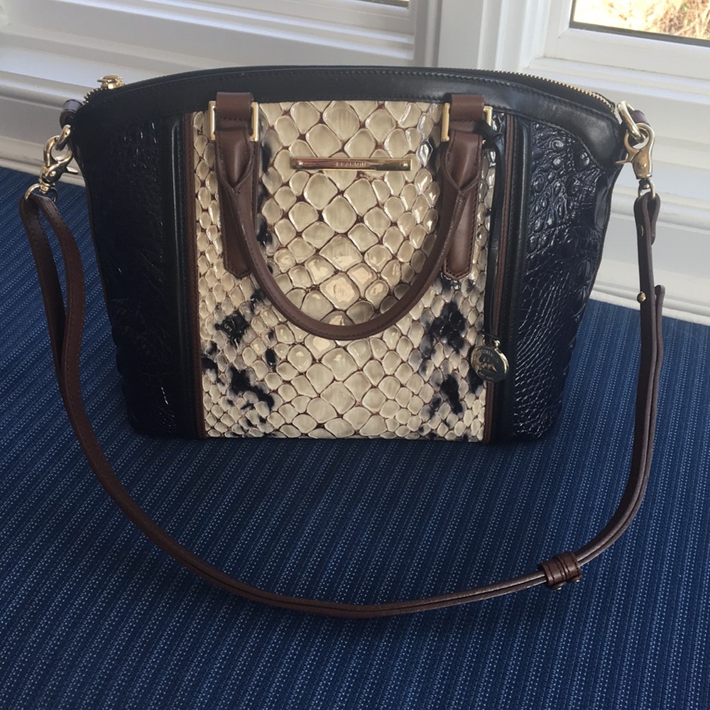Brahmin bag (blue, white, and brown)